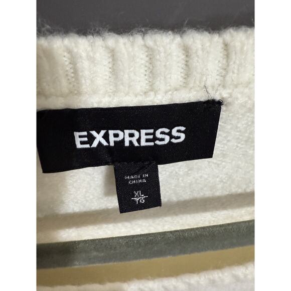Express Beaded Sweater Puff Sleeve White Cream Sequin Embroidered V Size XL EUC - Picture 4 of 6